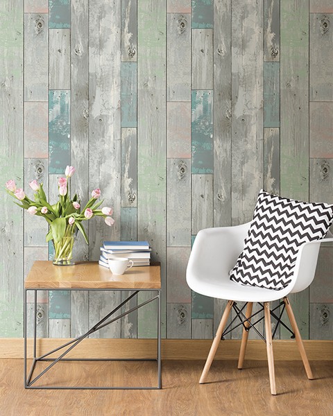 Deena Turquoise Distressed Wood Wallpaper