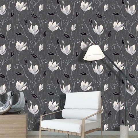 2834-M0783 Anais Charcoal Floral Trails Wallpaper