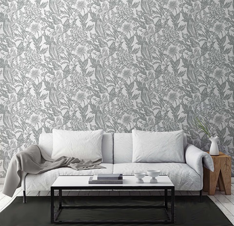 2836-M1379 Cinna Silver Wild Flowers Wallpaper