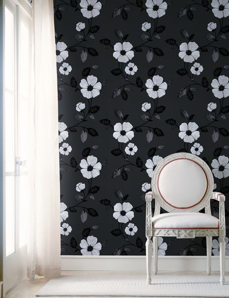 450-46962 Black & White Textured Floral Wallpaper