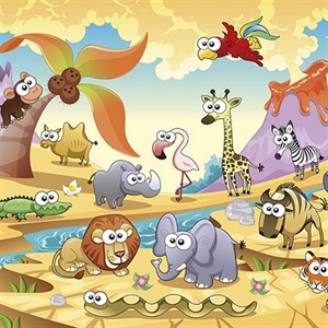 African Cartoon Animals With Volcanoes Wall Mural