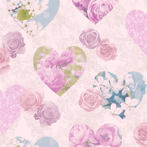 Amour Pink Floral Hearts Wallpaper