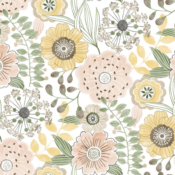 Artistic Bouquet Coral & Lemon Wallpaper