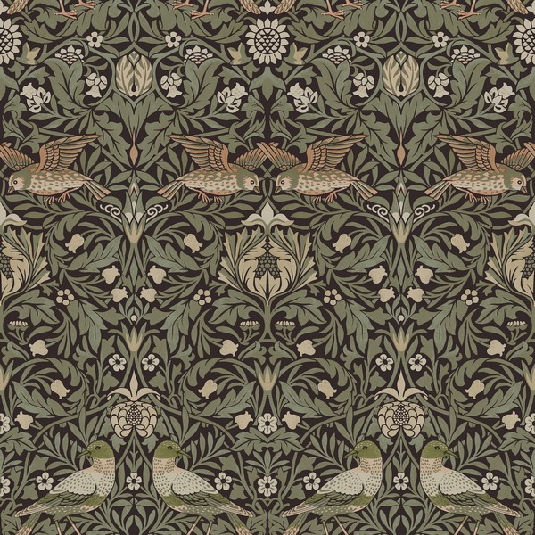 Bird Brown Floral Thicket Wallpaper