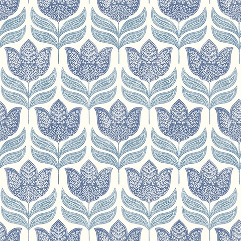 Cathal Blue Tulip Block Print Wallpaper