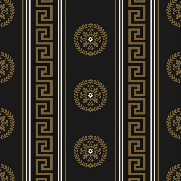Classico Medallion Stripe Black & Metallic Gold Wallpaper