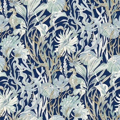 Kelp Garden Navy Tropical Reef Wallpaper