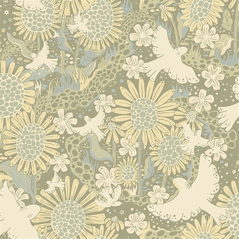 Drömma Sage Songbirds and Sunflowers Wallpaper