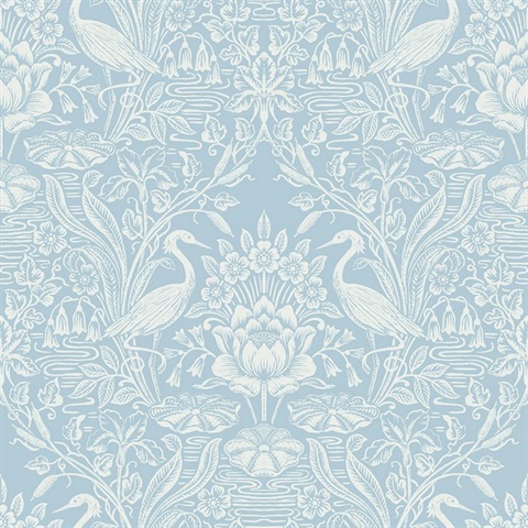 Elegans Light Blue Crane Toile Wallpaper