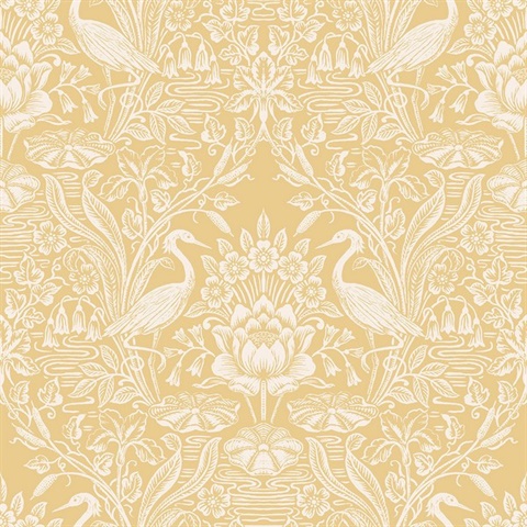 Elegans Mustard Crane Toile Wallpaper