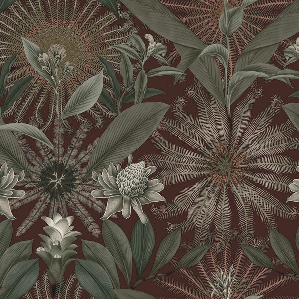 Enchanted Garden Maroon Tropical Wallpaper