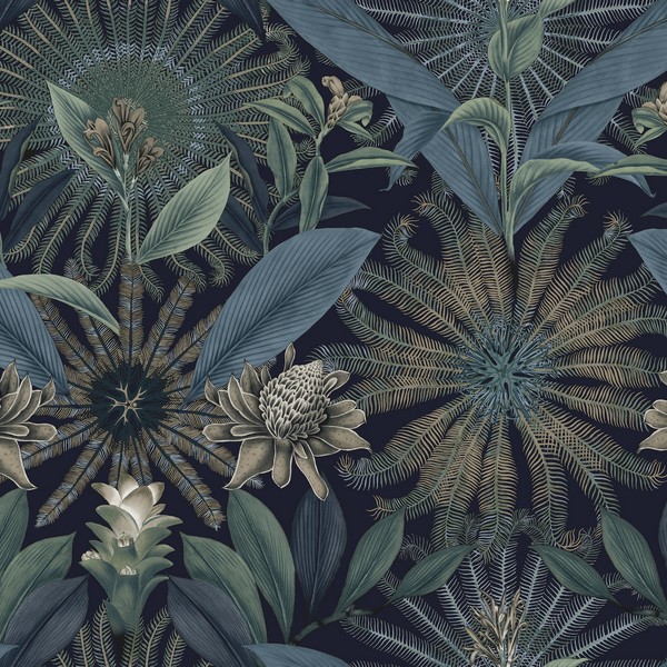 Enchanted Garden Navy Tropical Wallpaper