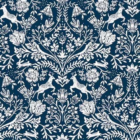 Forest Dance Navy Damask Wallpaper
