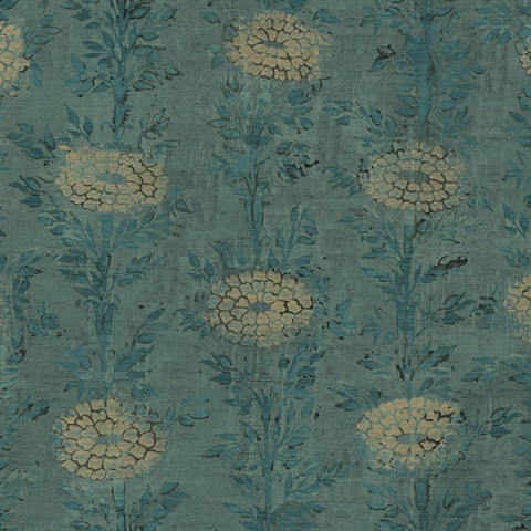 French Marigold Teal Green & Gold Wallpaper
