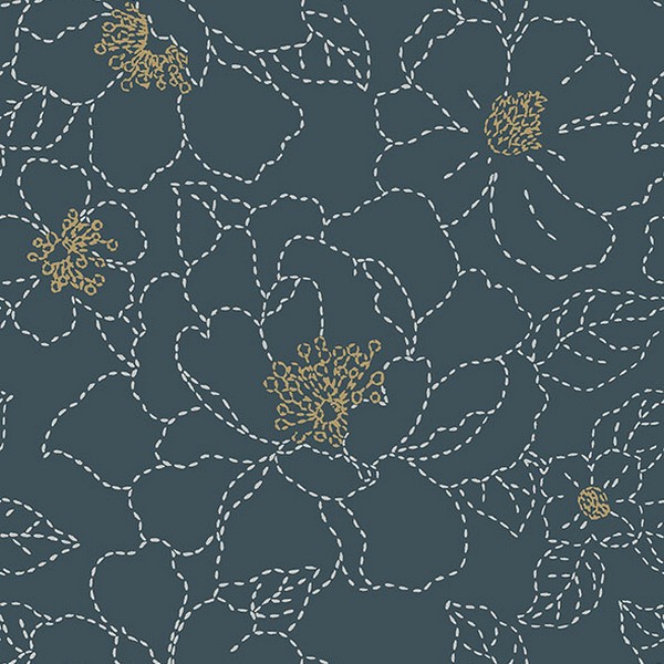 Gardena Indigo Embroidered Floral Wallpaper