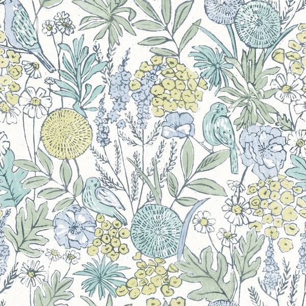 Goldfinch Aqua Birds and Blooms Wallpaper