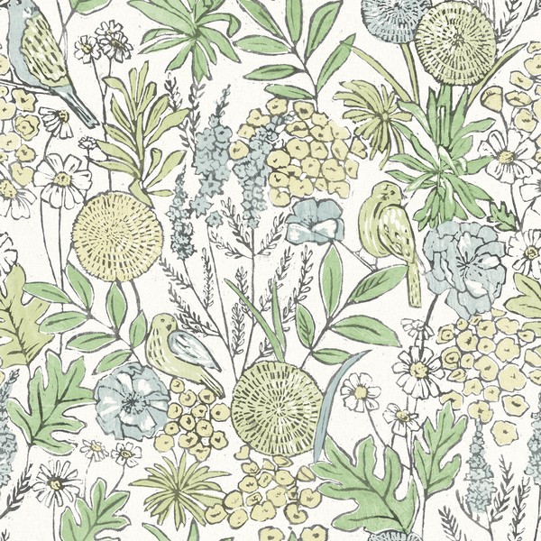 Goldfinch Green Birds and Blooms Wallpaper