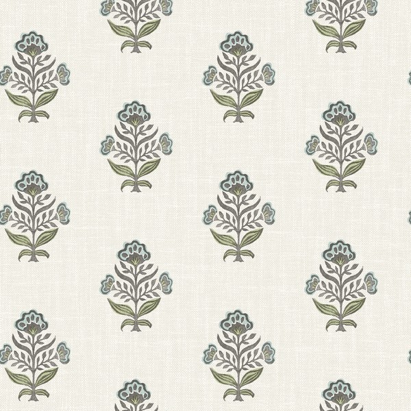 Hollyhock Aqua Floral Crest Wallpaper