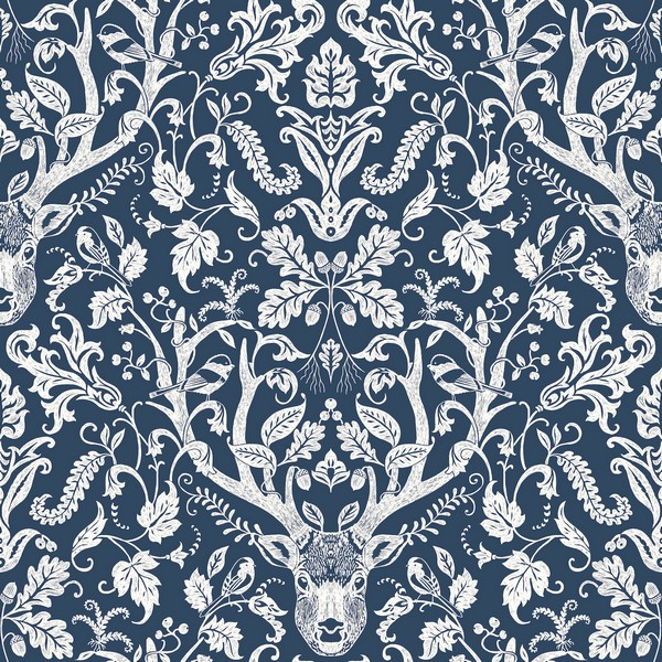Kiwassa Navy Antler Damask Wallpaper