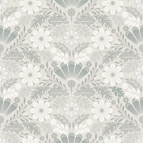 Klockrike Light Grey Botanical Damask Wallpaper