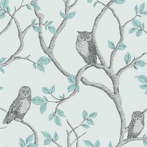 Linden Teal Owl Wallpaper