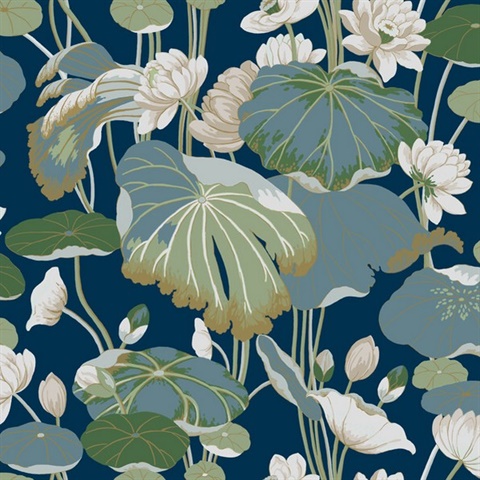 Lotus Pond Indigo/Gold Wallpaper