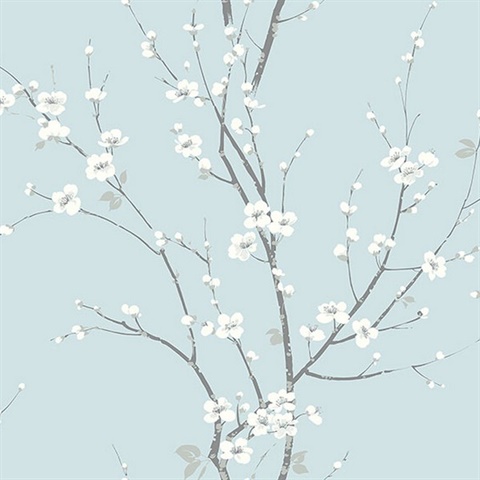 Monterey Sky Blue Floral Branch Wallpaper