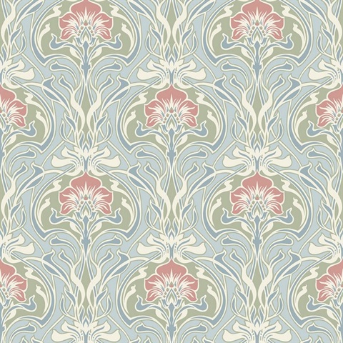 Mucha Light Blue Botanical Ogee Wallpaper