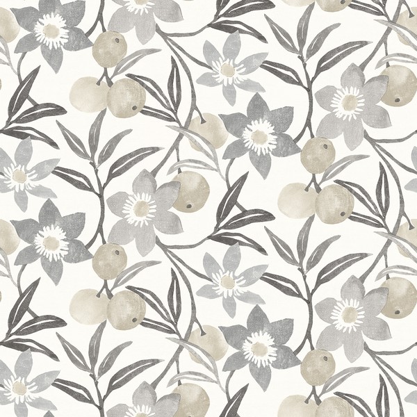 Passiflora Charcoal Fruit and Floral Wallpaper