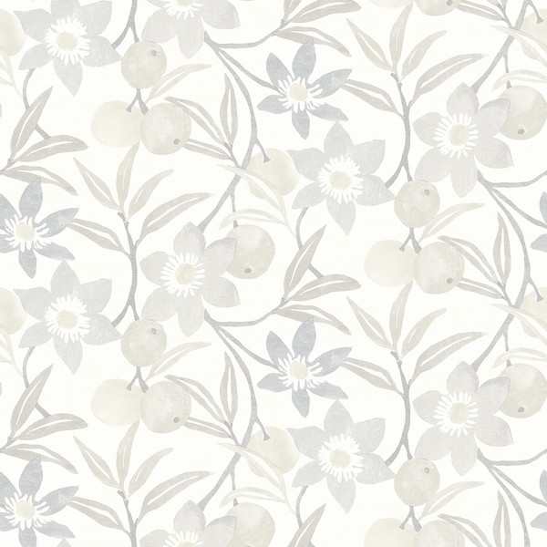 Passiflora Grey Fruit and Floral Wallpaper