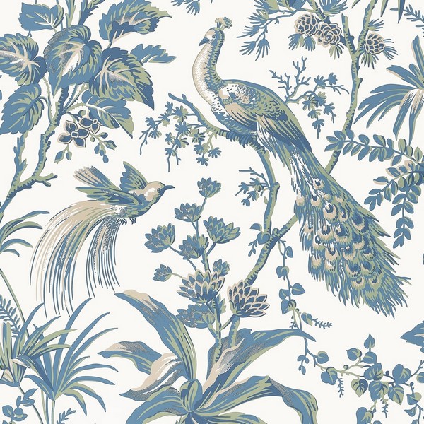 Peacock Toile Blue and Green Wallpaper