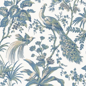Peacock Toile Blue and Green Wallpaper