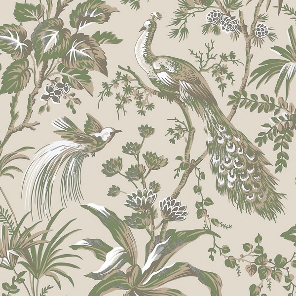 Peacock Toile Green on Natural Wallpaper