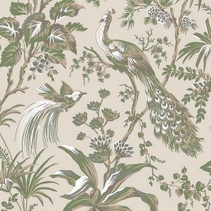 Peacock Toile Green on Natural Wallpaper
