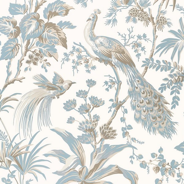 Peacock Toile Soft Blue and Beige Wallpaper