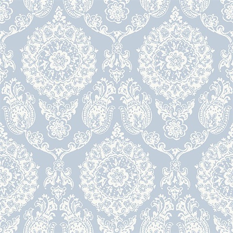 Helm Damask Light Blue Floral Medallion Wallpaper
