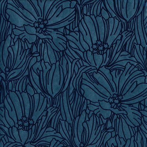 Selwyn Flock Dark Blue Floral Wallpaper