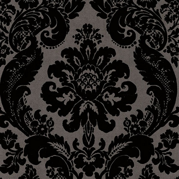 Shadow Black Flocked Damask Wallpaper