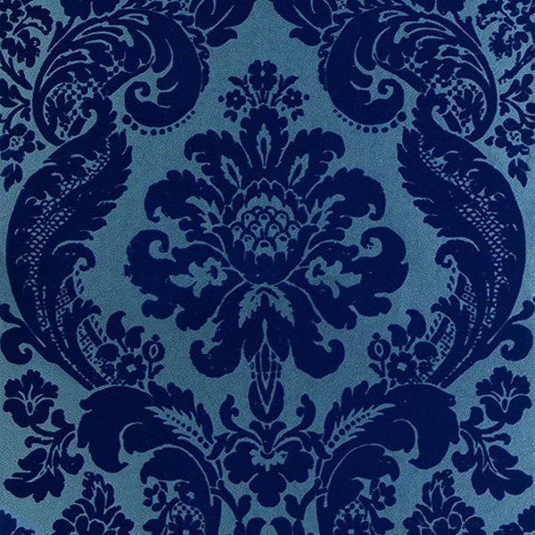 Shadow Blue Flocked Damask Wallpaper