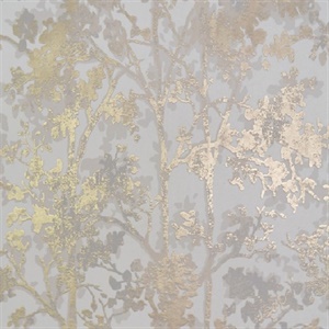White &amp; Gold Shimmering Foliage Wallpaper