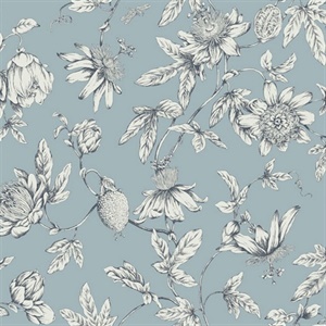 Sky Blue Passion Flower Toile Wallpaper