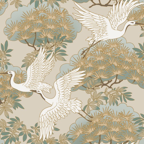 Sprig & Heron Beige Wallpaper