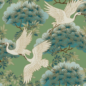 Sprig & Heron Green Wallpaper