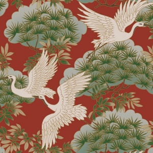 Sprig & Heron Red Wallpaper