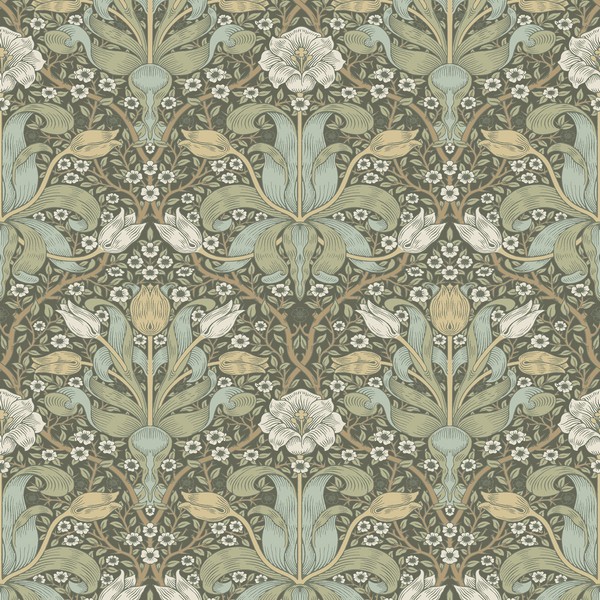 Spring Thicket Green Tulip Damask Wallpaper