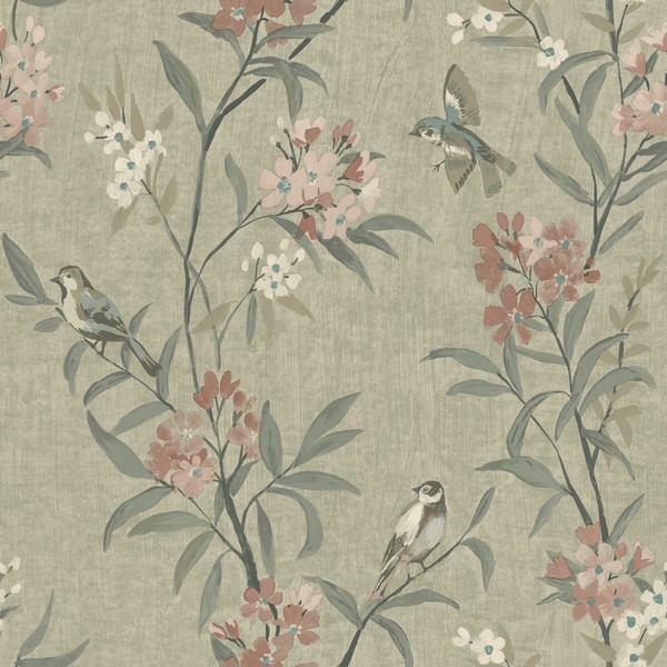 Tea Olive Green Finch Frolic Wallpaper