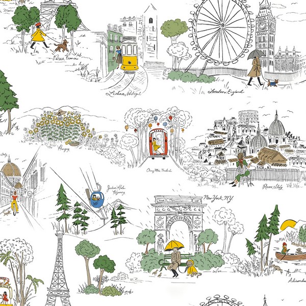 Travel Sketches Yellow Globetrotter Premium Peel + Stick Wallpaper