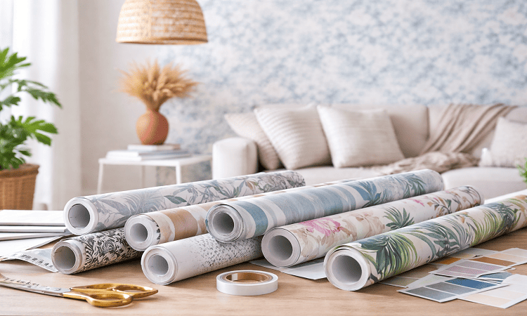 Bright workspace with stylish wallpaper rolls